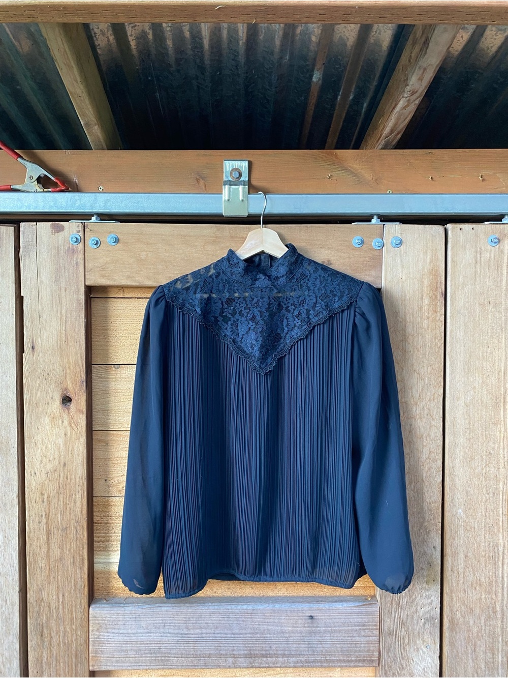 Vintage Nilani 80s? Black Victorian Style Lace Pleated Blouse